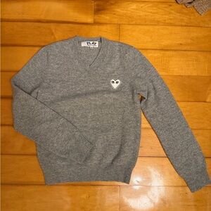 Comme des Garçons PLAY Grey V-Neck Sweater with Heart Patch